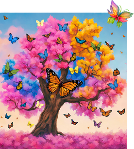 This is an image of an oak tree with pink, purple, gold colored leaves and tiny colorful butterflies flying around it. At the base of the tree are fallen leaves in pink, gold and purple tones covering the ground. The sky is blue above and cream below